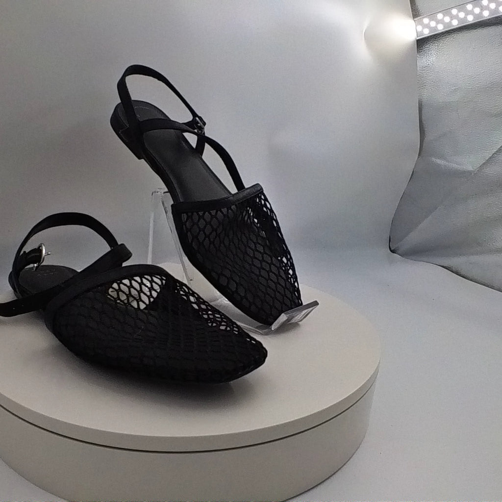 Women's Vanna Fishnet Slingback Flats With Memory Foam Insole - A New Day Black 9.5: Mesh Almond Toe, Buckle Closure - Used Good U001