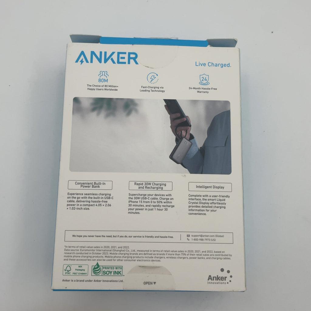 Anker 10000Mah 30W Power Bank With Built-In Cable - Black: Usb-C Compatible, Rechargeable, Apple Iphone Models