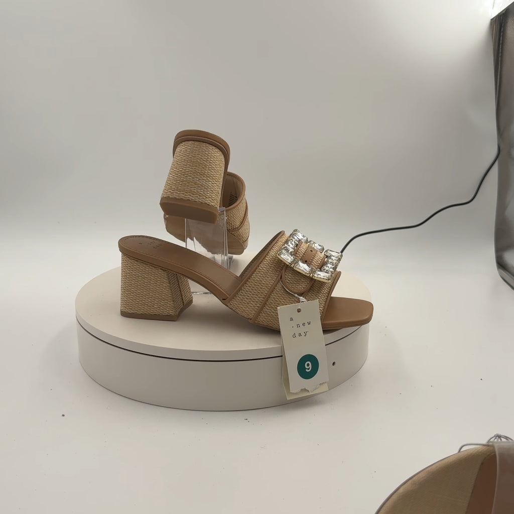 Women's Kathleen Raffia Buckle Block Heels - A New Day Beige 9: Slip-On Open Square Toe, Medium Width