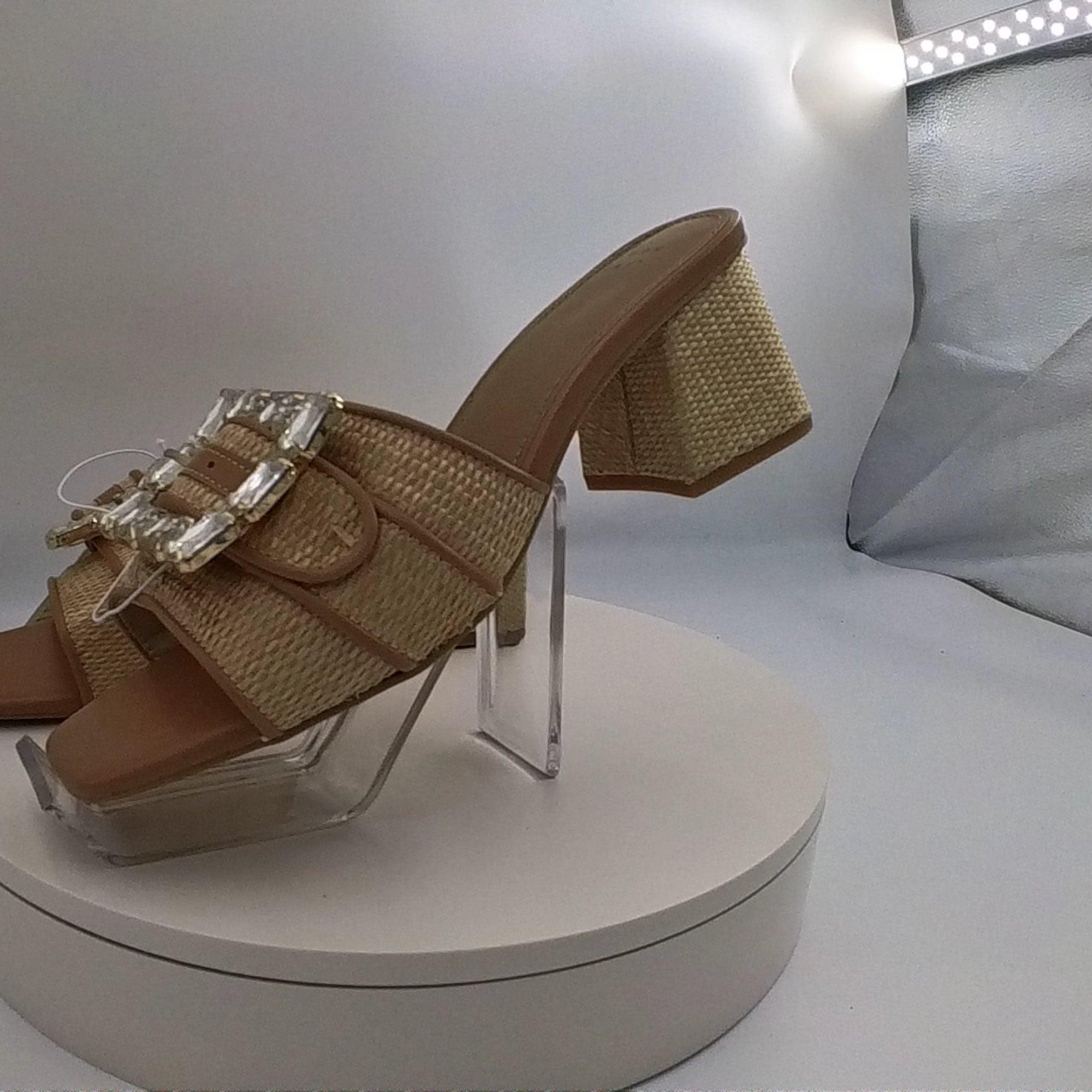Women's Kathleen Raffia Buckle Block Heels - A New Day Beige 9: Slip-On Open Square Toe, Medium Width - Used Good U001