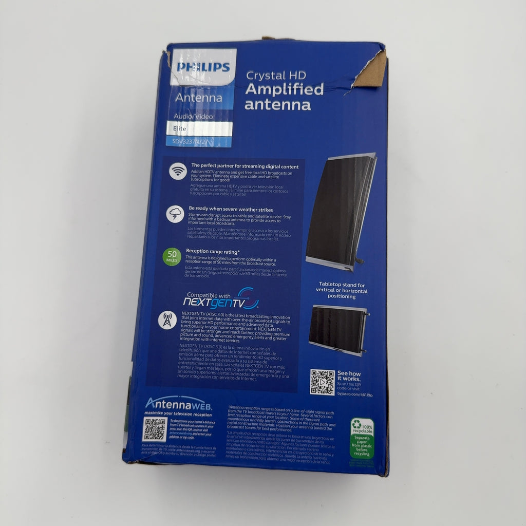 Philips Crystal Hd Indoor Amplified Tv Antenna With 6' Coaxial Cable – Black: Digital Signal, 50 Mile Range