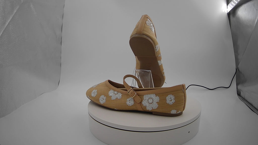 Women's Issa Raffia Floral Sequin Mary Jane Ballet Flat with Memory Foam Insole - A New Day Tan 11: Medium Width, Pull-On Style