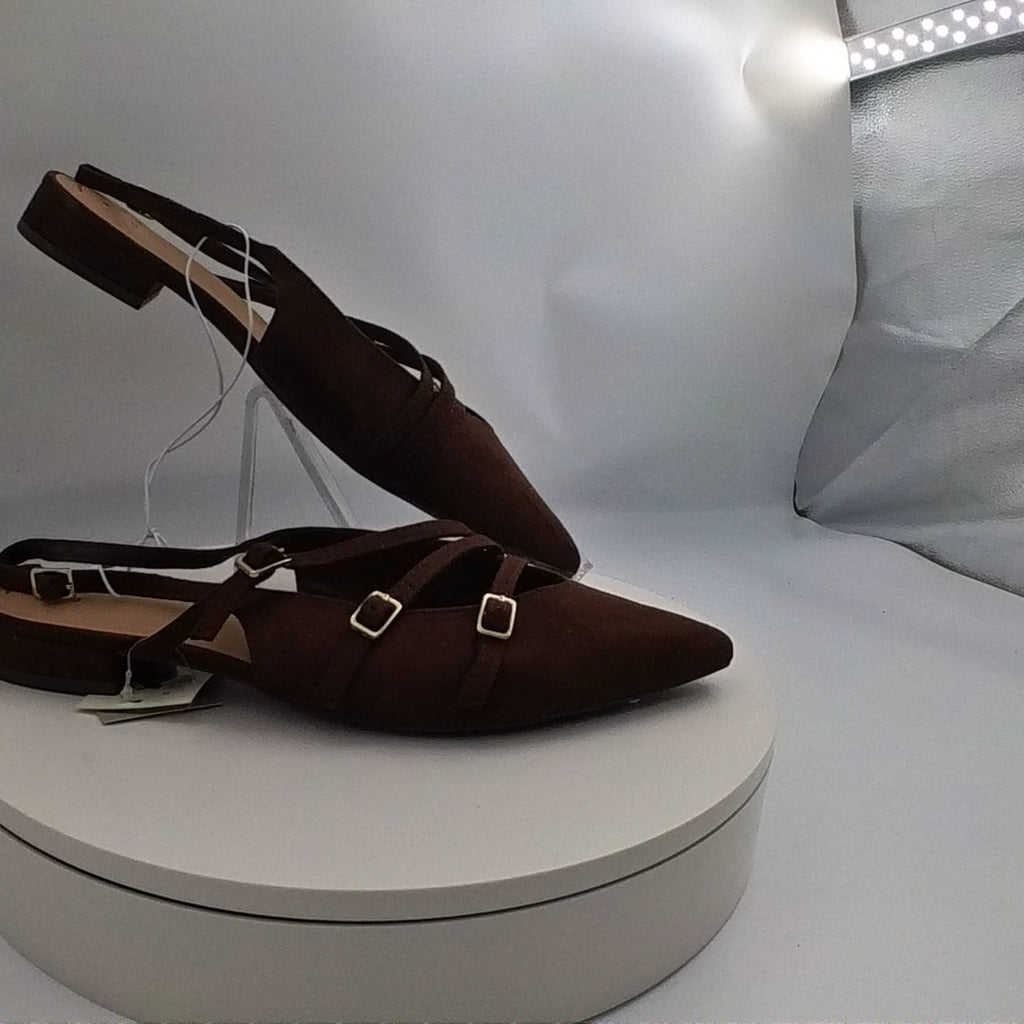 Women's Twiggy Multi Buckle Mini Heel Flats With Memory Foam Insole - A New Day Brown 8: Faux Suede, Pointed Toe - Like New U001