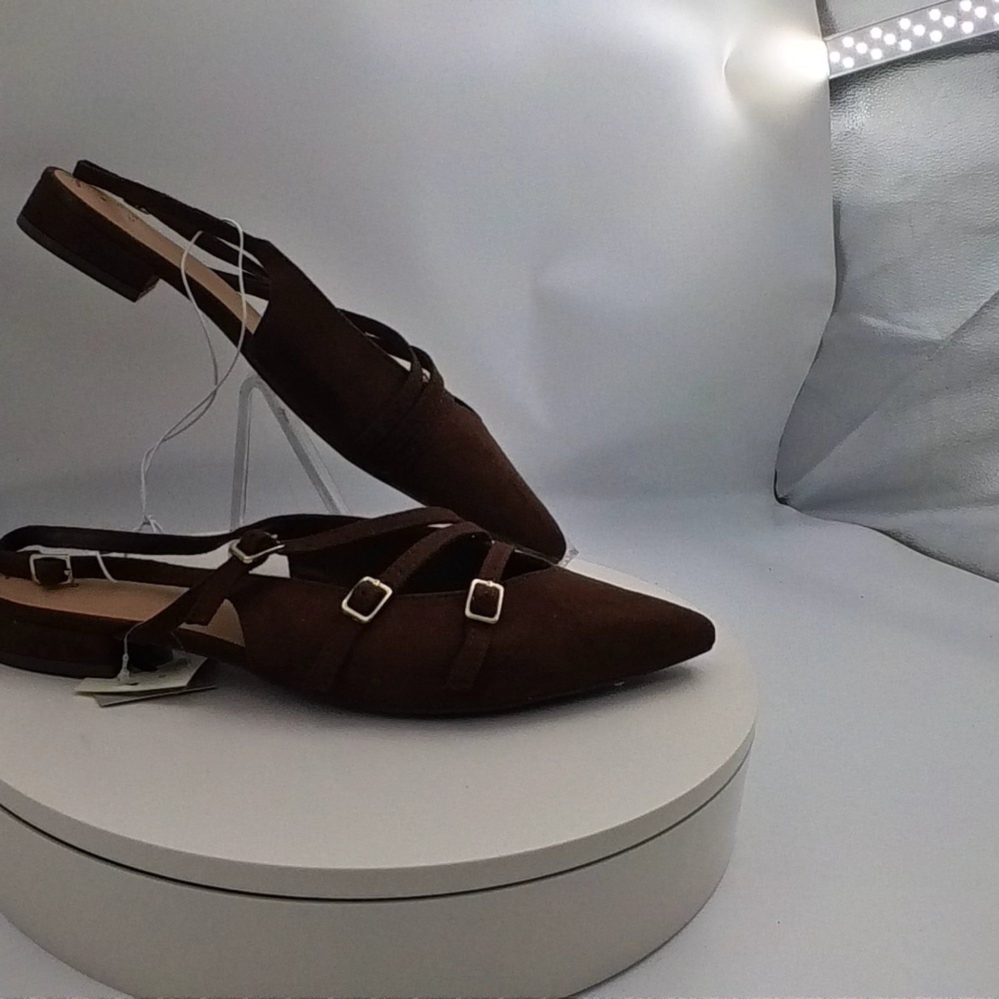 Women's Twiggy Multi Buckle Mini Heel Flats With Memory Foam Insole - A New Day Brown 8: Faux Suede, Pointed Toe - Like New U001