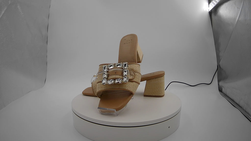 Women's Kathleen Raffia Buckle Block Heels - A New Day Beige 10: Slip-On Open Square Toe, Medium Width, Textured Outsole