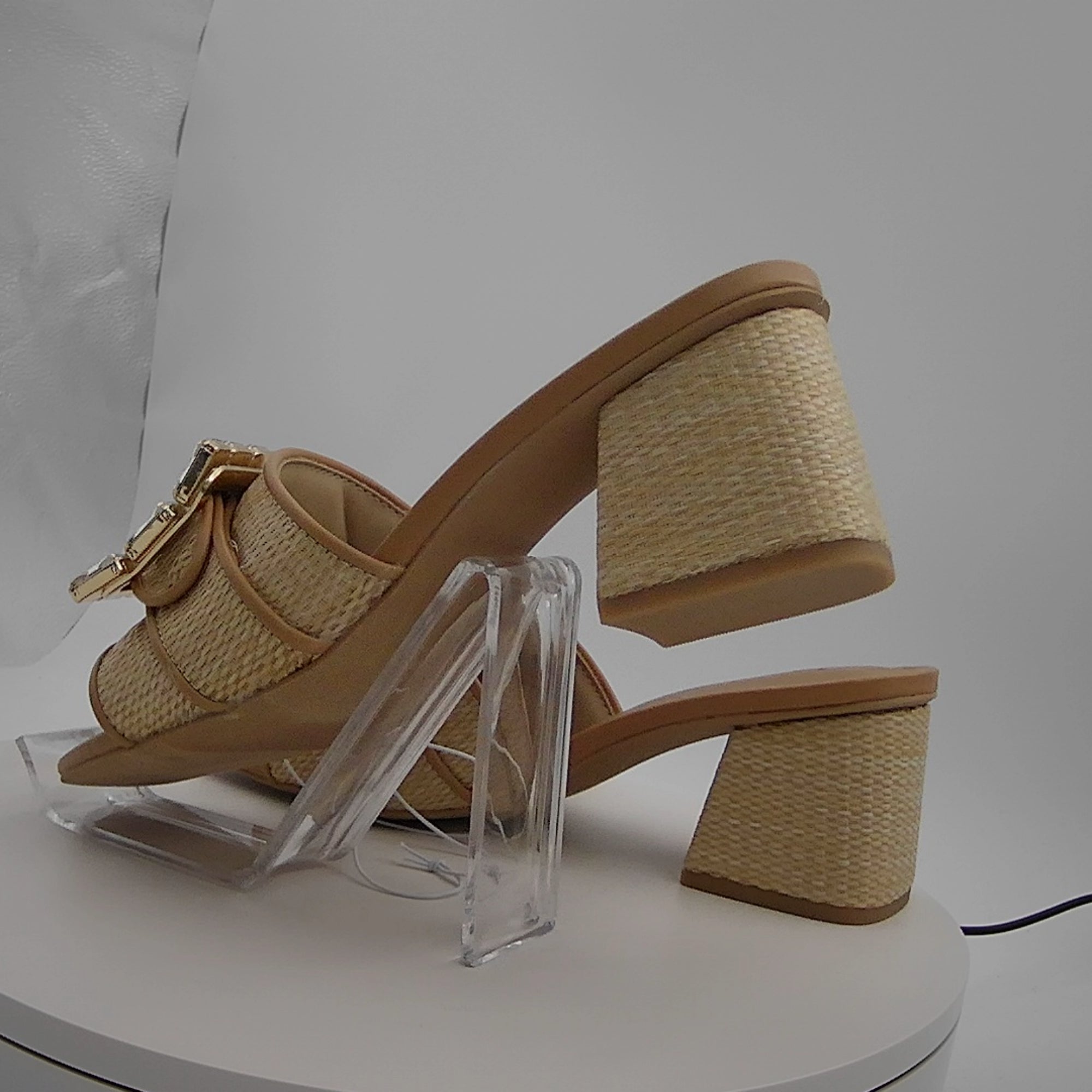 Women's Kathleen Raffia Buckle Block Heels - A New Day Beige 7: Slip-On Open Square Toe, Medium Width