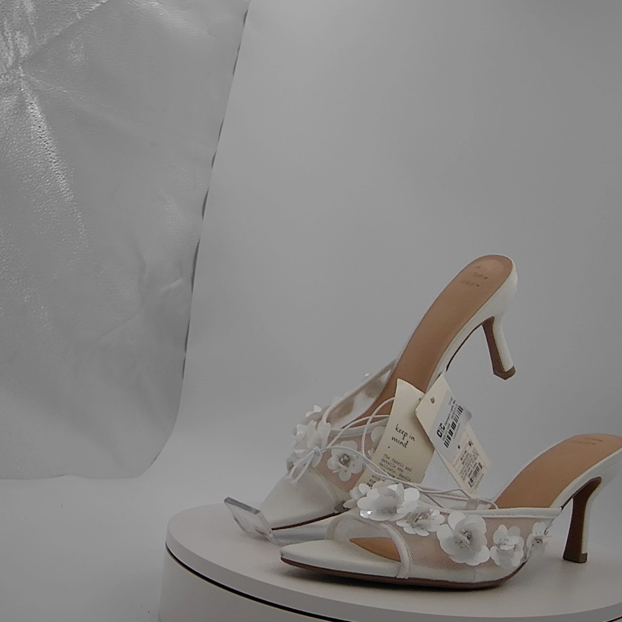 Women's Lupita Mesh Rhinestone Peep Toe Mule Heels With Memory Foam Insole - A New Day White 8: Slip-On Stiletto