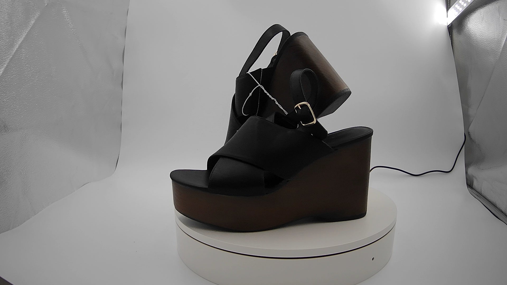 Women's Naomi Wood Wedge Heels with Memory Foam Insole - Universal Thread Black 9.5: Ankle Strap, Open Toe, 4.25" Heel