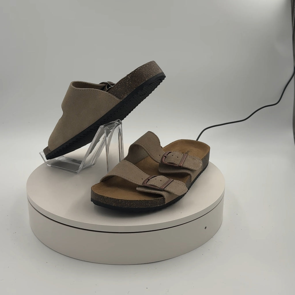 Men's Saul Suede Two Band Sandals - Goodfellow & Co Tan 8: Slip On, Contoured Footbed, Open Toe
