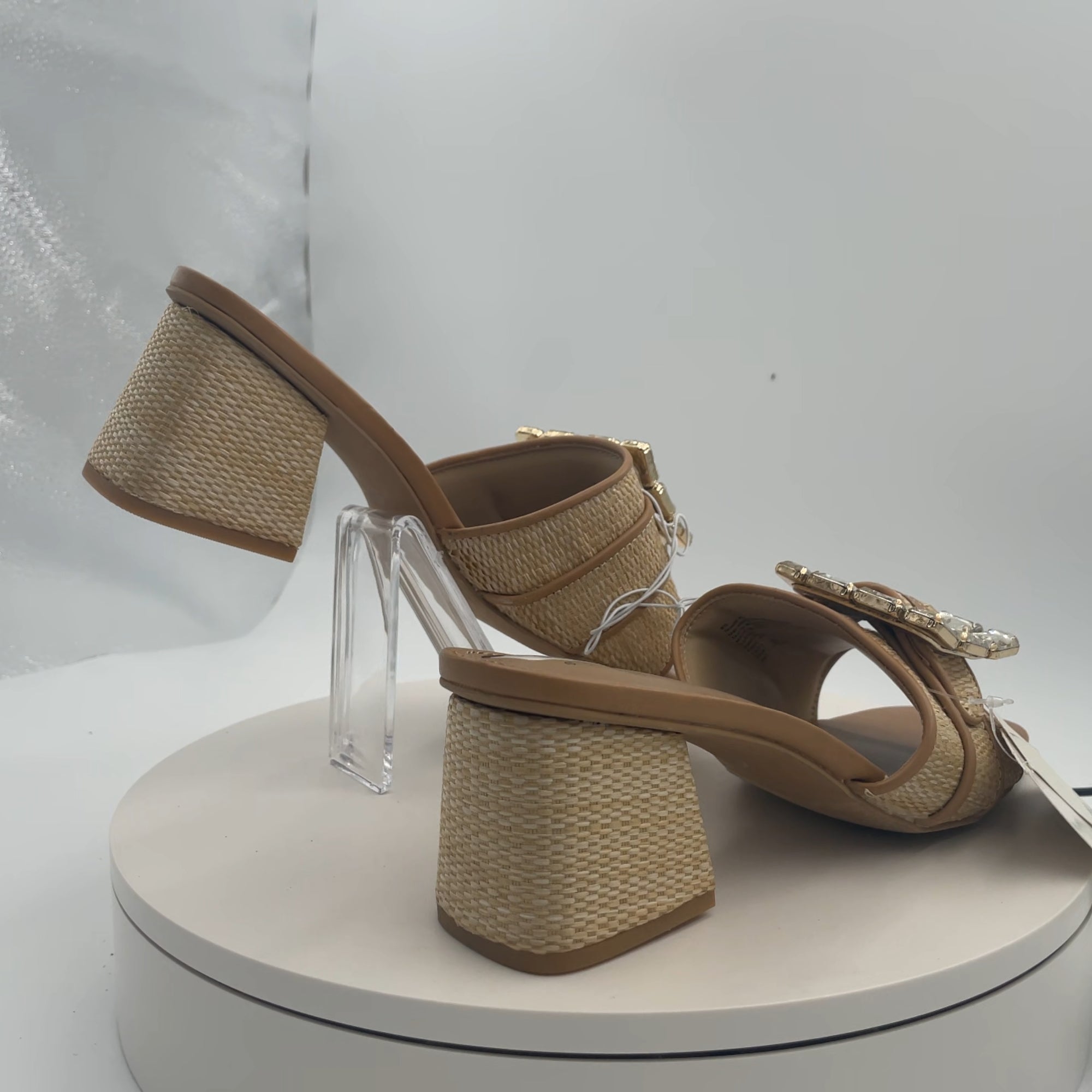Women's Kathleen Raffia Buckle Block Heels - A New Day Beige 8.5: Slip-On Open Square Toe Pumps