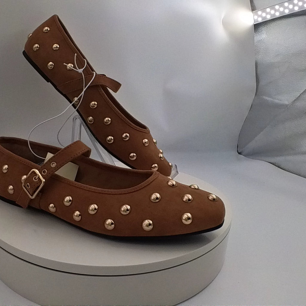 Women's Penny Gold Studded Mary Jane Flats With Memory Foam Insole - Universal Thread Cognac 10