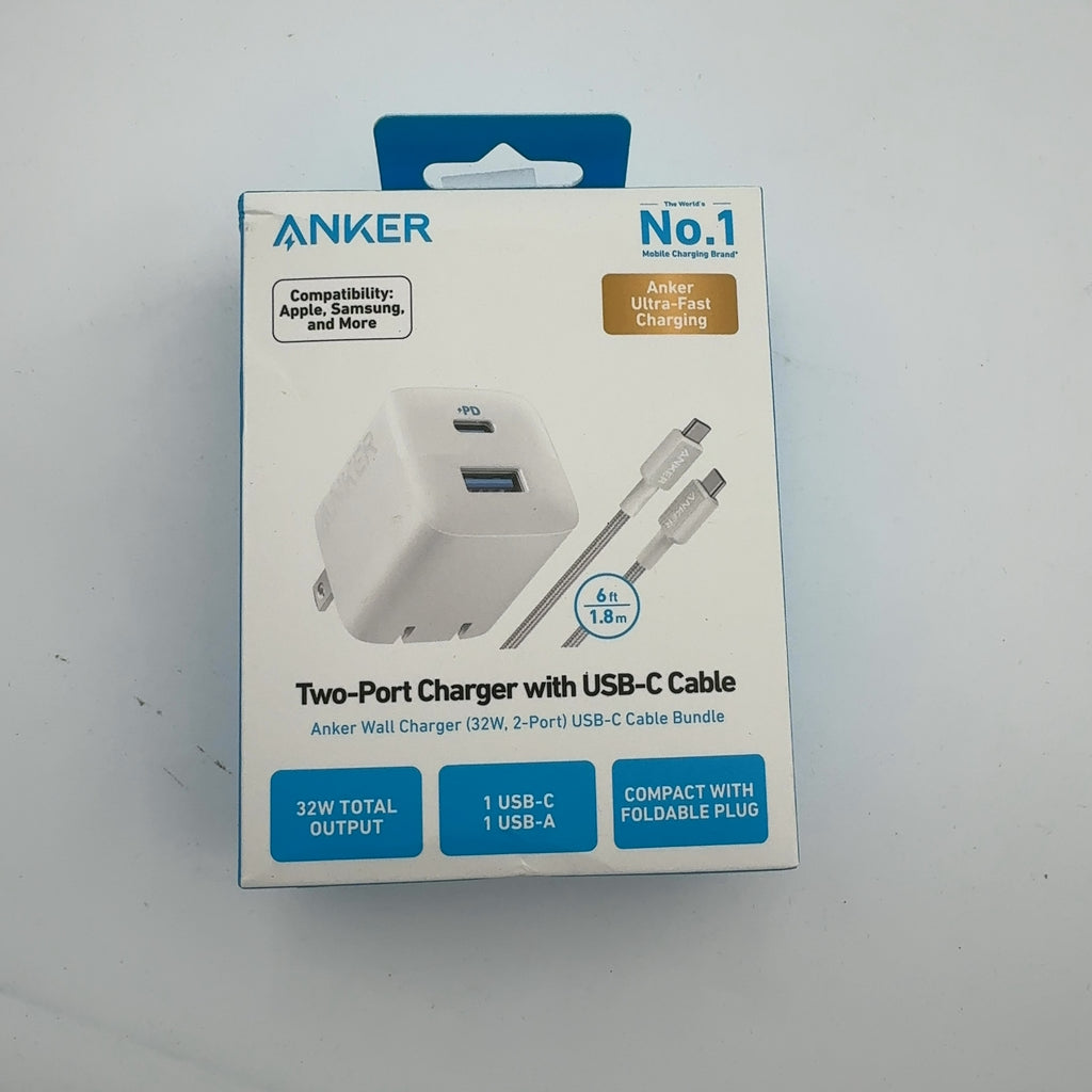 Anker 2 Port 33W Wall Charger With 6' Usb-C To Usb-C Cable - White: Quick Charge, 9V Output