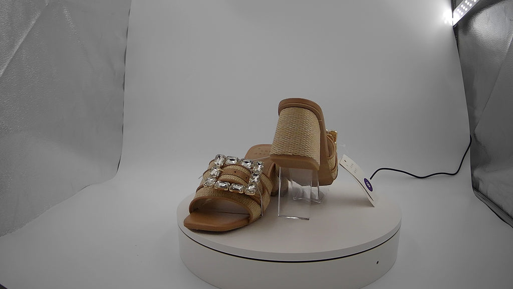 Women's Kathleen Raffia Buckle Block Heels - A New Day Beige 6: Slip-On Open Square Toe, Medium Width