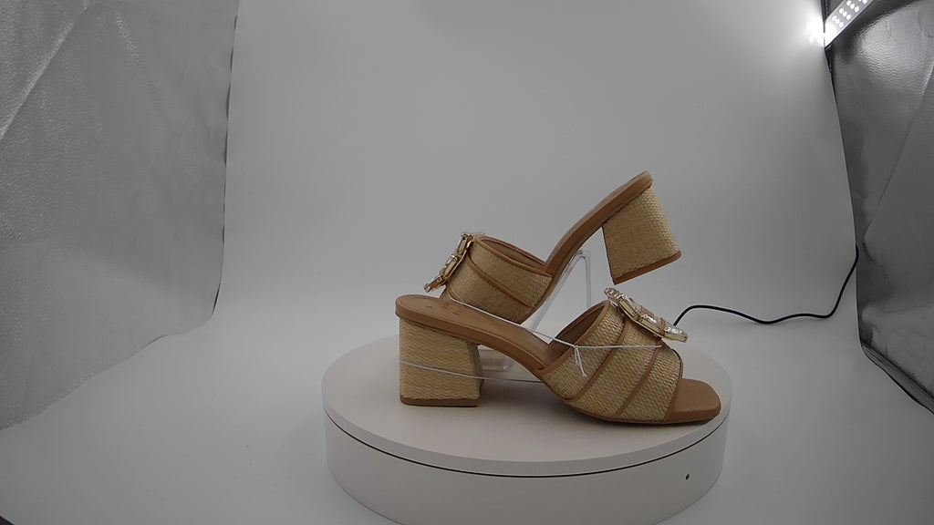 Women's Kathleen Raffia Buckle Block Heels - A New Day Beige 6: Slip-On Open Square Toe, Medium Width