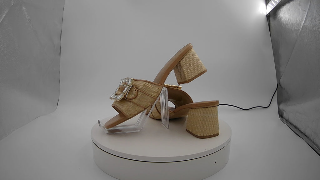 Women's Kathleen Raffia Buckle Block Heels - A New Day Beige 10: Slip-On Open Square Toe, Medium Width, Textured Outsole