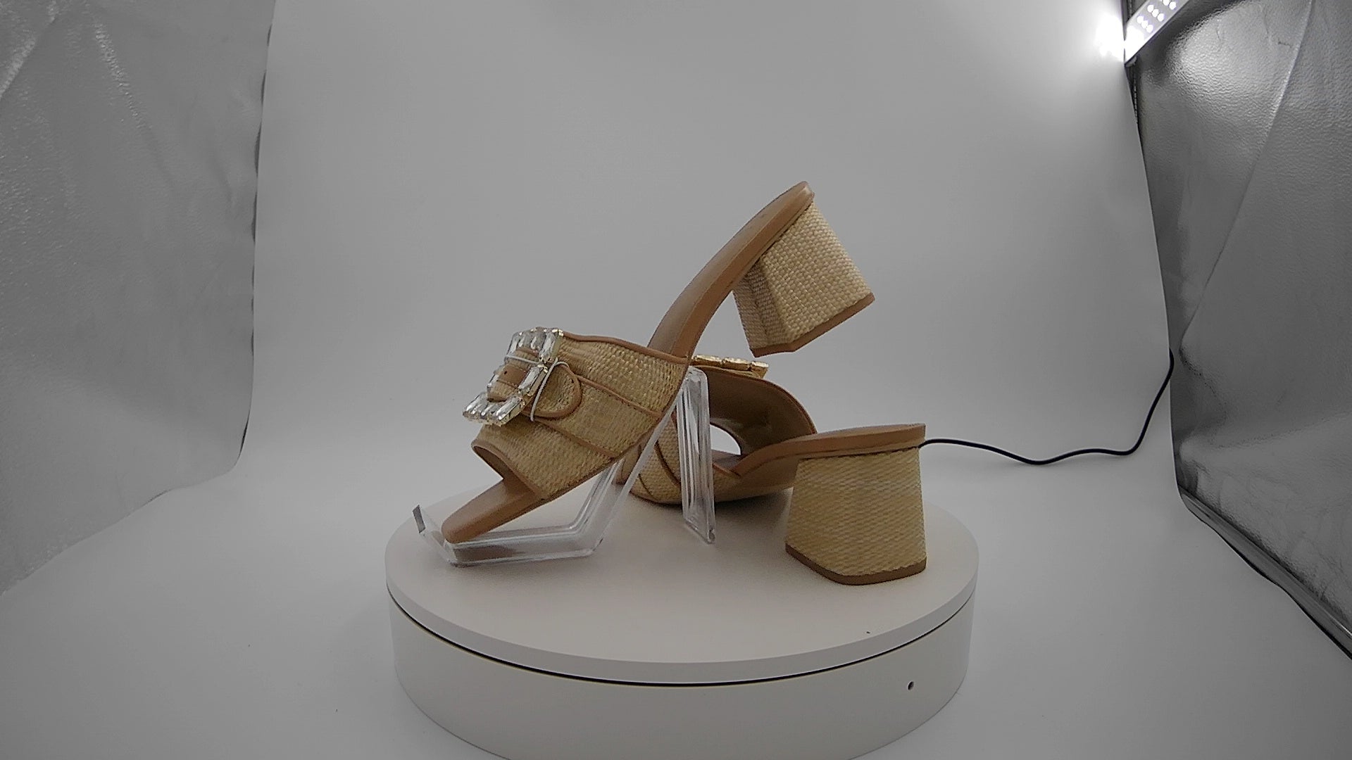 Women's Kathleen Raffia Buckle Block Heels - A New Day Beige 10: Slip-On Open Square Toe, Medium Width, Textured Outsole