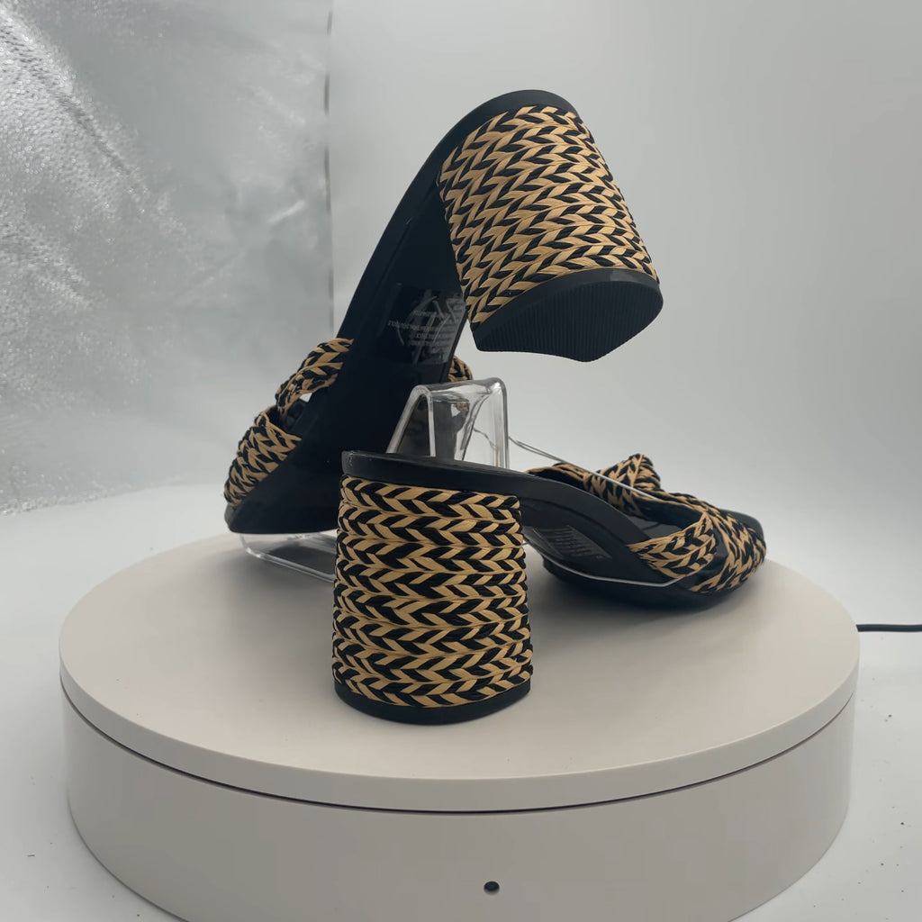 Women's Aaliyah Raffia Strappy Knot Sandal Heels - Universal Thread Black 10: Open Square Toe, Block Heel