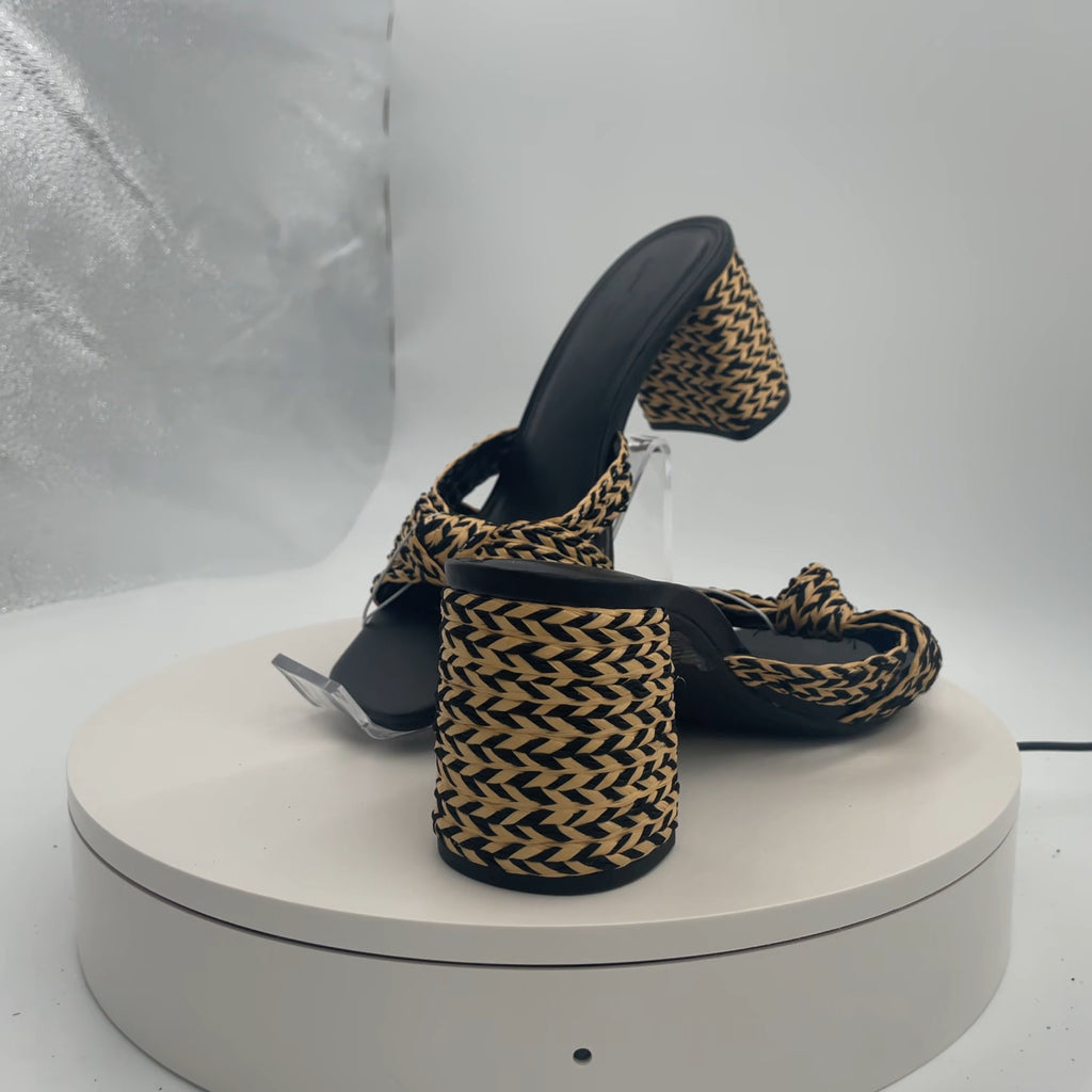 Women's Aaliyah Raffia Strappy Knot Sandal Heels - Universal Thread Black 8: Open Square Toe, Block Heel
