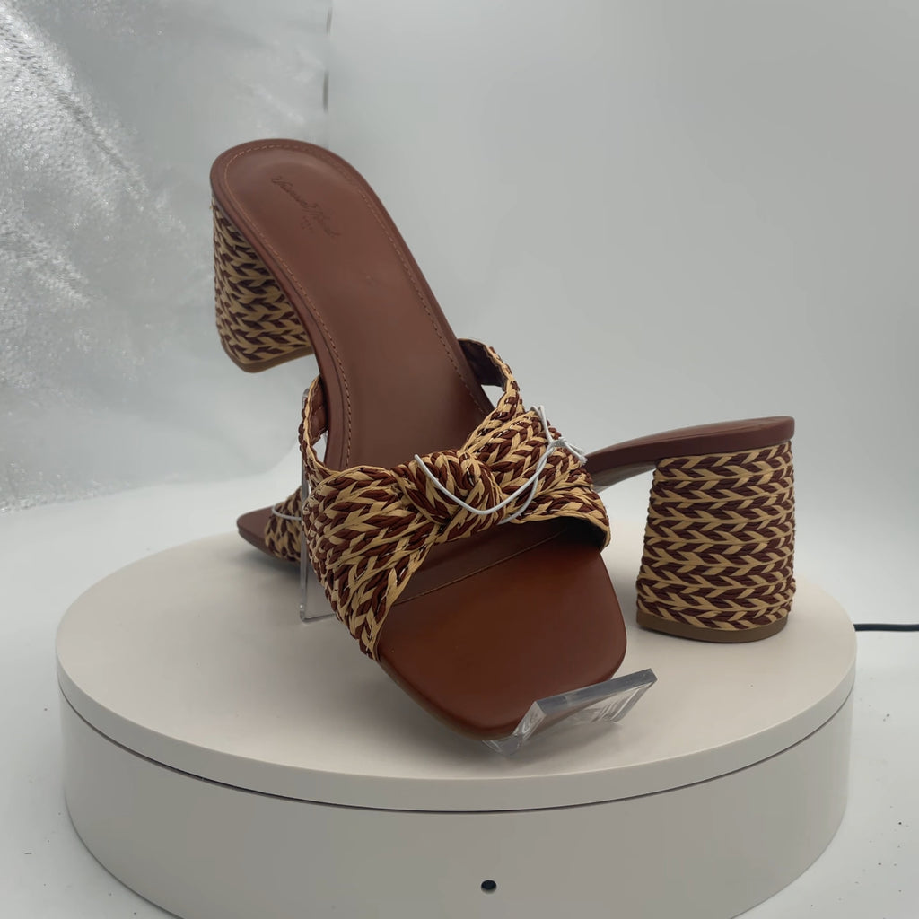 Women's Aaliyah Raffia Strappy Knot Sandal Heels - Universal Thread Cognac 10: Block Heel, Open Square Toe