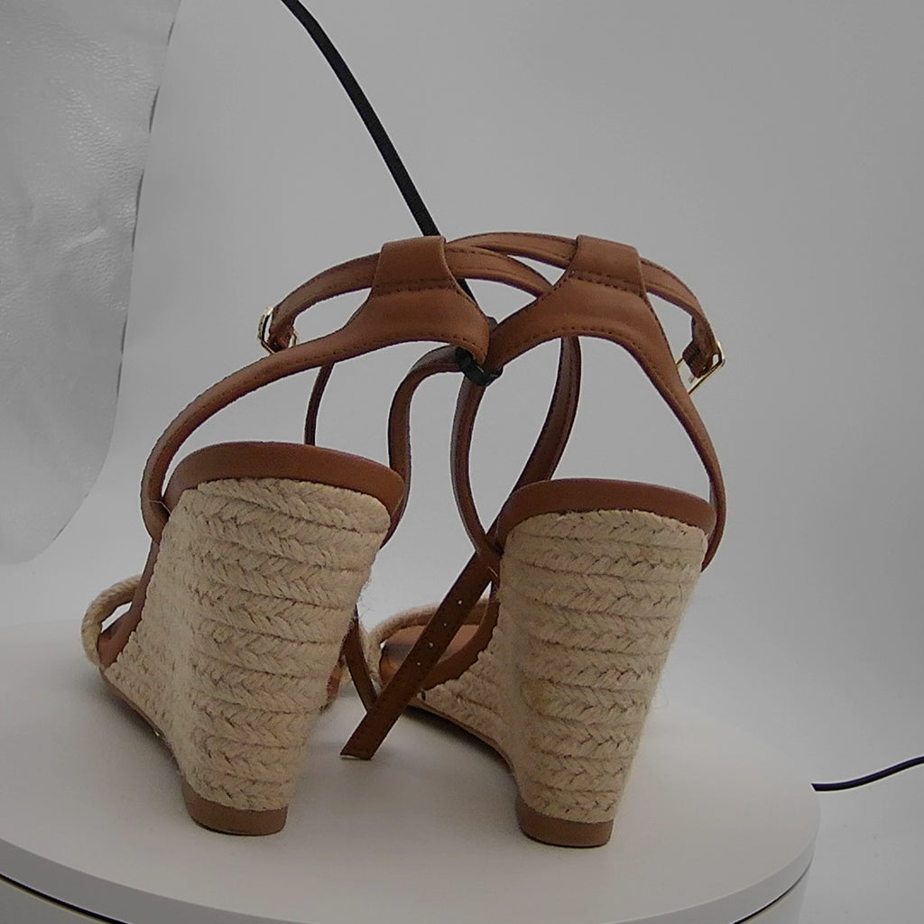 Women's Tish Single Band Ankle Strap Wedge Heels With Memory Foam Insole - A New Day Tan 8: Open Toe, Platform Heel, Medium Width