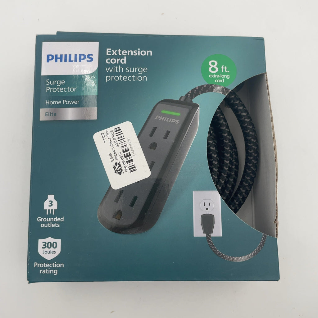 Philips 8' 3-Outlet Grounded Extension Cord - Black: 13 Amps, 14 Awg Wire Gauge