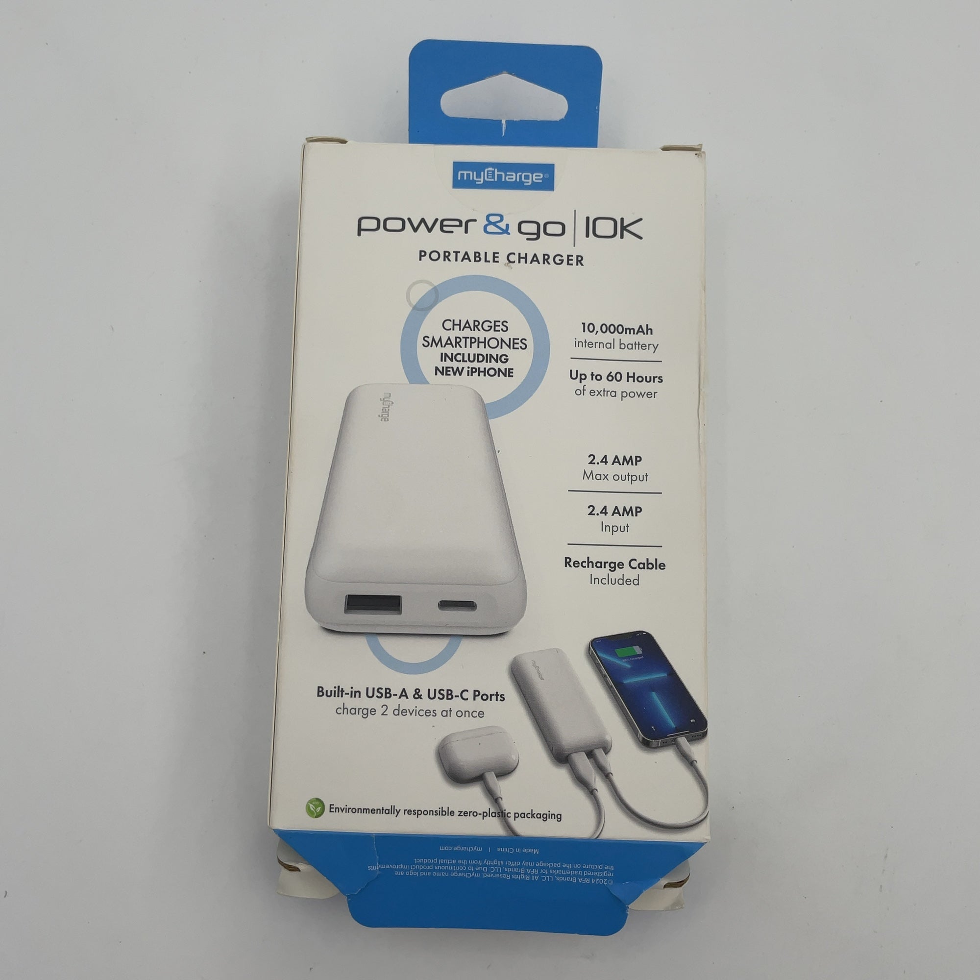 Mycharge 10000Mah Power & Go Power Bank - White: Charge Indicator Light, 12V Output