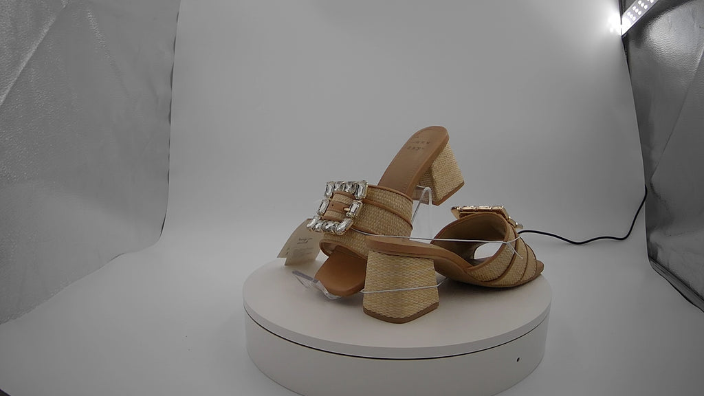Women's Kathleen Raffia Buckle Block Heels - A New Day Beige 6: Slip-On Open Square Toe, Medium Width
