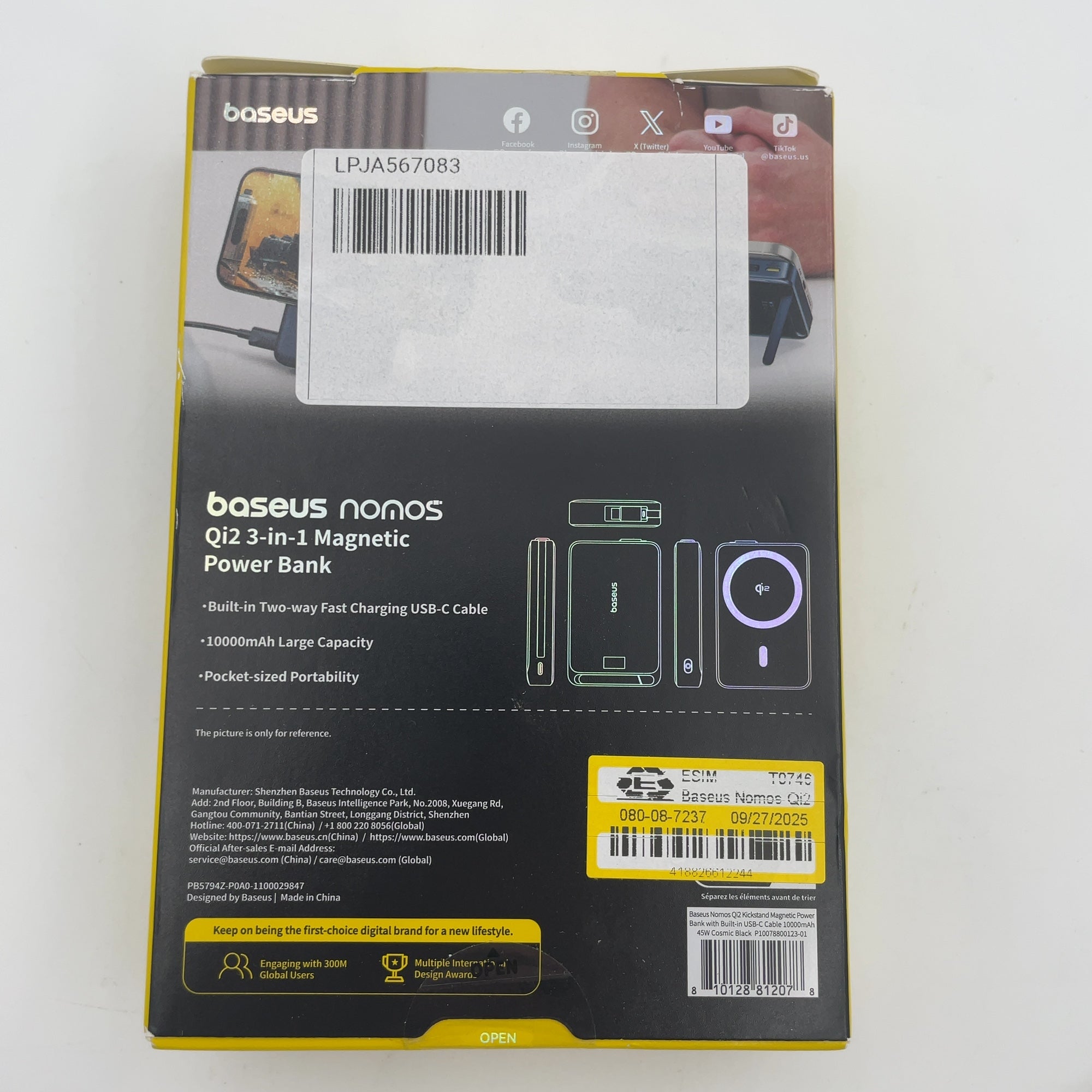 Baseus Nomos Qi2 45W 10000mAh Magnetic Power Bank with Built-In USB-C Cable - Black: Rechargeable Power Bank, Dual Charging