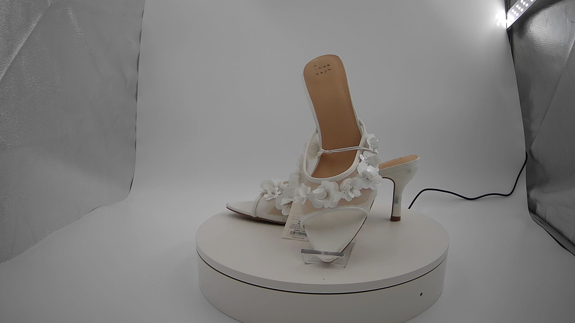 Women's Lupita Mesh Rhinestone Peep Toe Mule Heels with Memory Foam Insole - A New Day White 10: Slip-On Stiletto, Medium Width