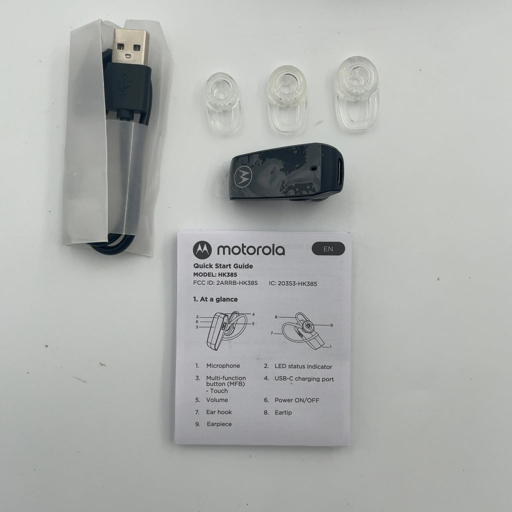 Motorola In-Ear Bluetooth Wireless Mono Headset Hk385 - Black: Usb-C, Silicone Cushion