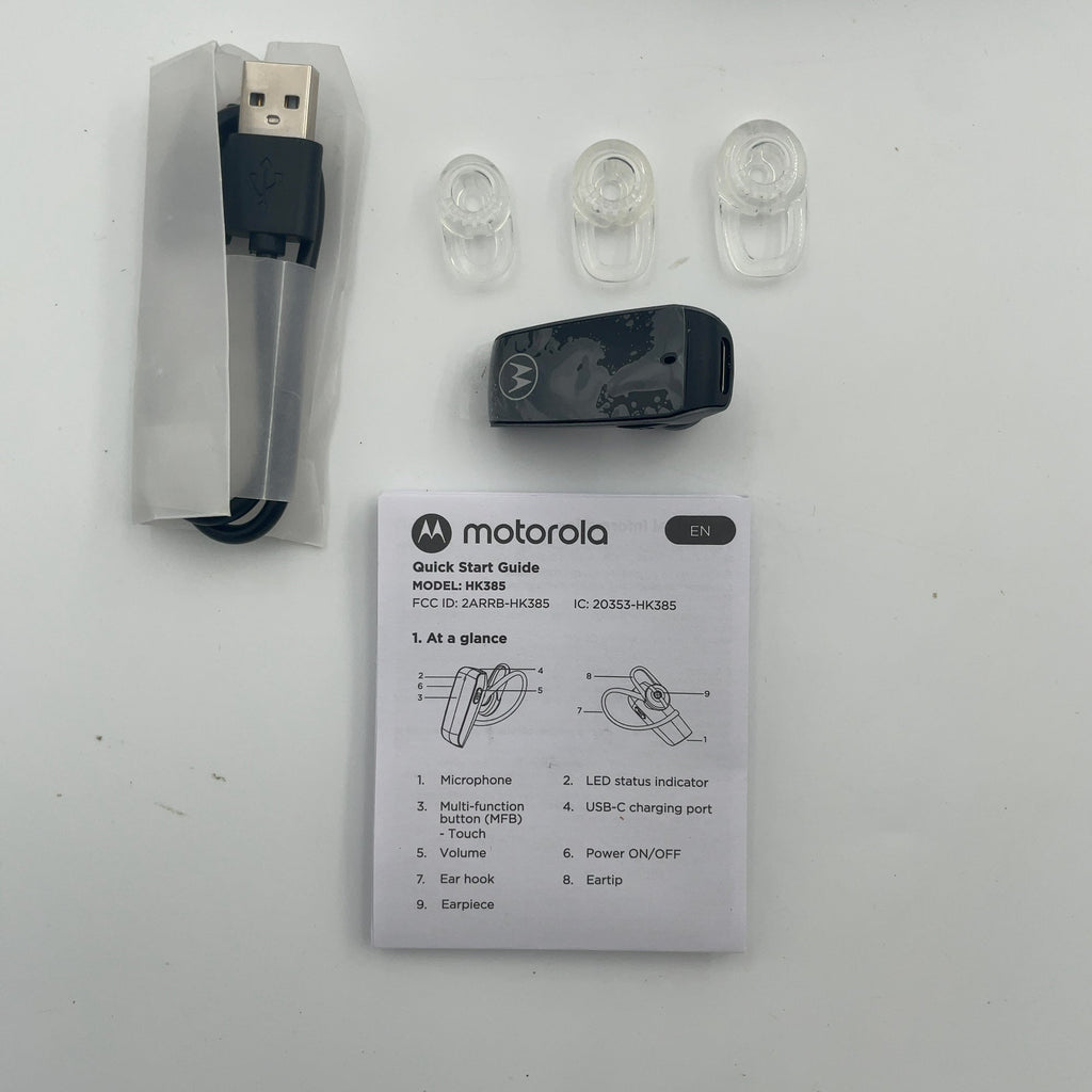 Motorola In-Ear Bluetooth Wireless Mono Headset Hk385 - Black: Usb-C, Silicone Cushion