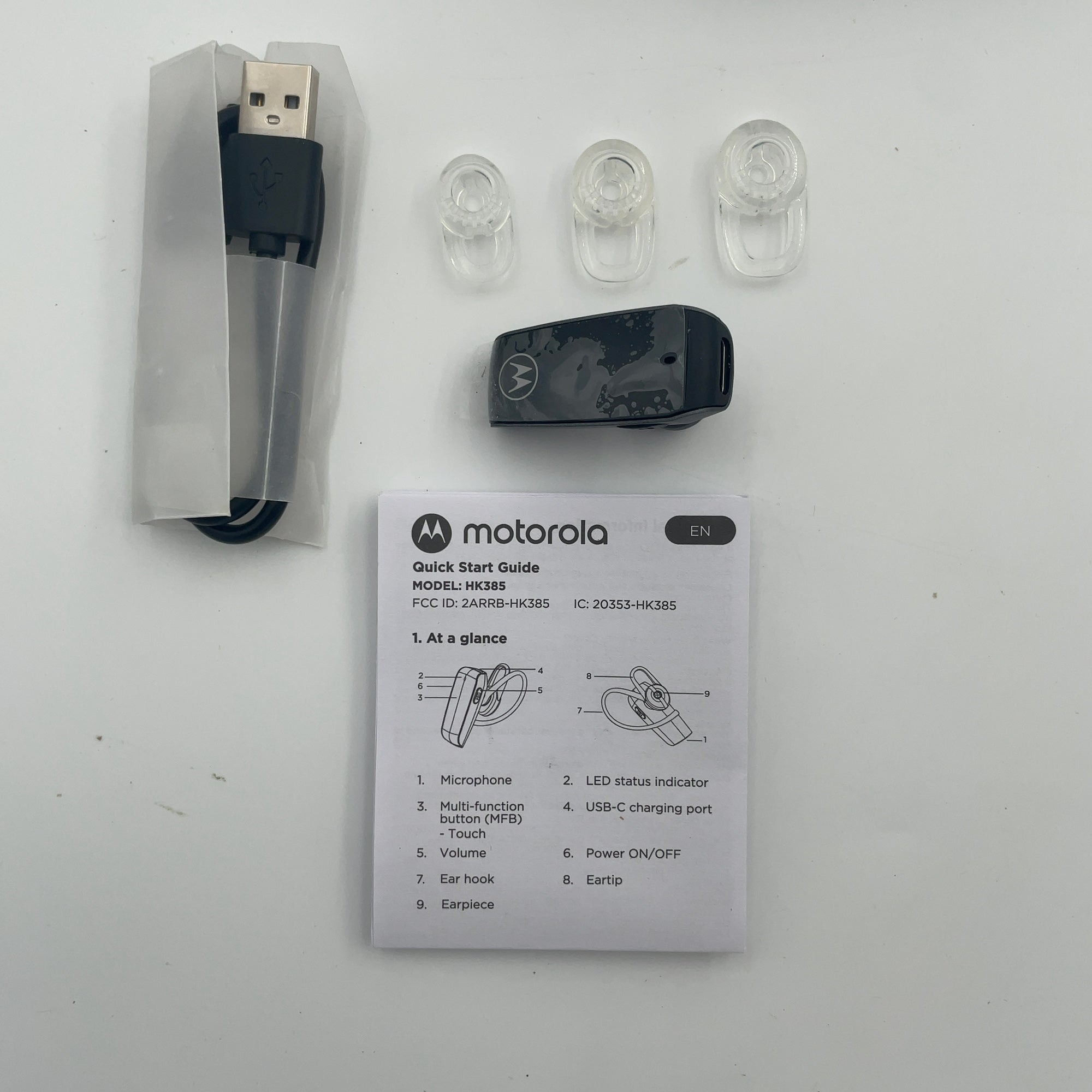 Motorola In-Ear Bluetooth Wireless Mono Headset Hk385 - Black: Usb-C, Silicone Cushion