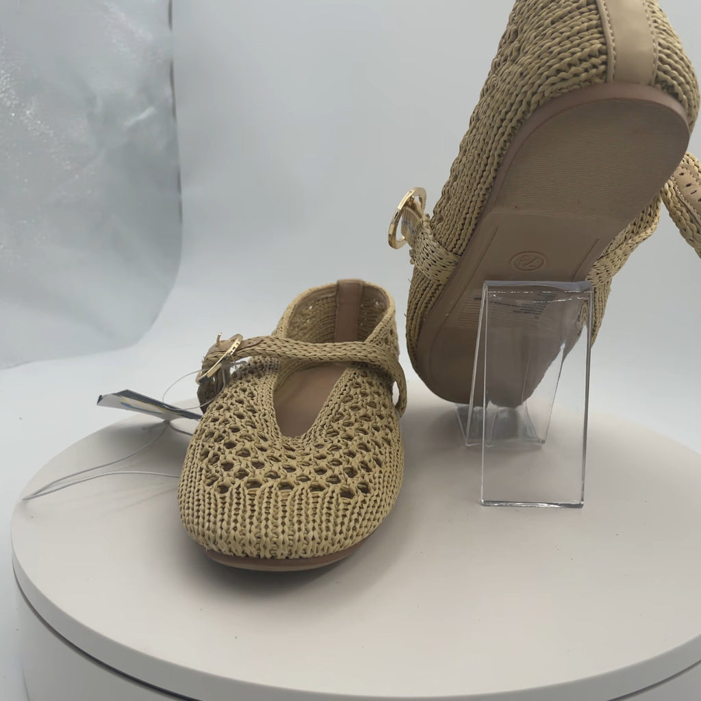 Women's Sia Knit Woven Mary Jane Flats - Universal Thread Beige 7.5: Cushioned Insole, Buckle Closure, Textured Outsole