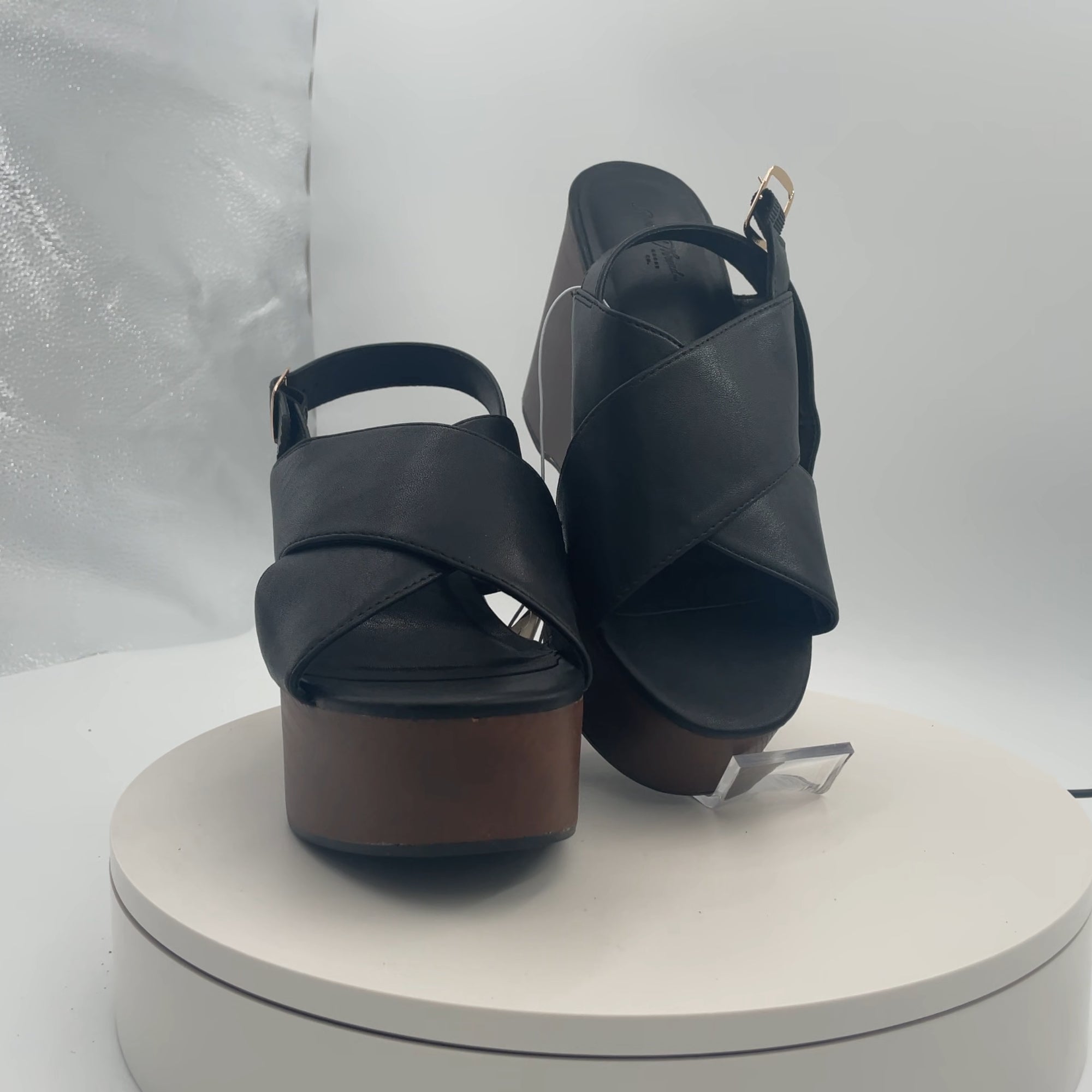 Women's Naomi Wood Wedge Heels With Memory Foam Insole - Universal Thread Black 7: Ankle Strap, Open Toe