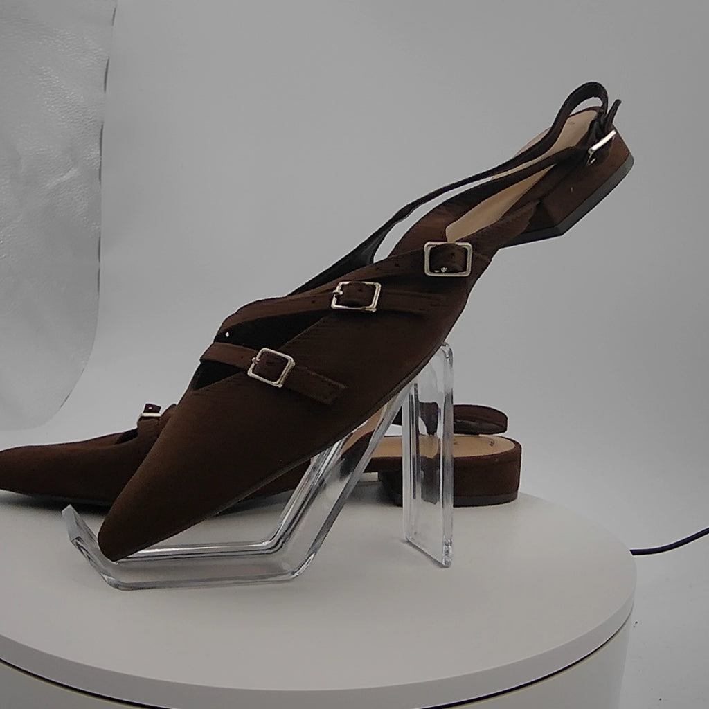Women's Twiggy Multi Buckle Mini Heel Flats With Memory Foam Insole - A New Day Brown 9: Faux Suede, Pointed Toe