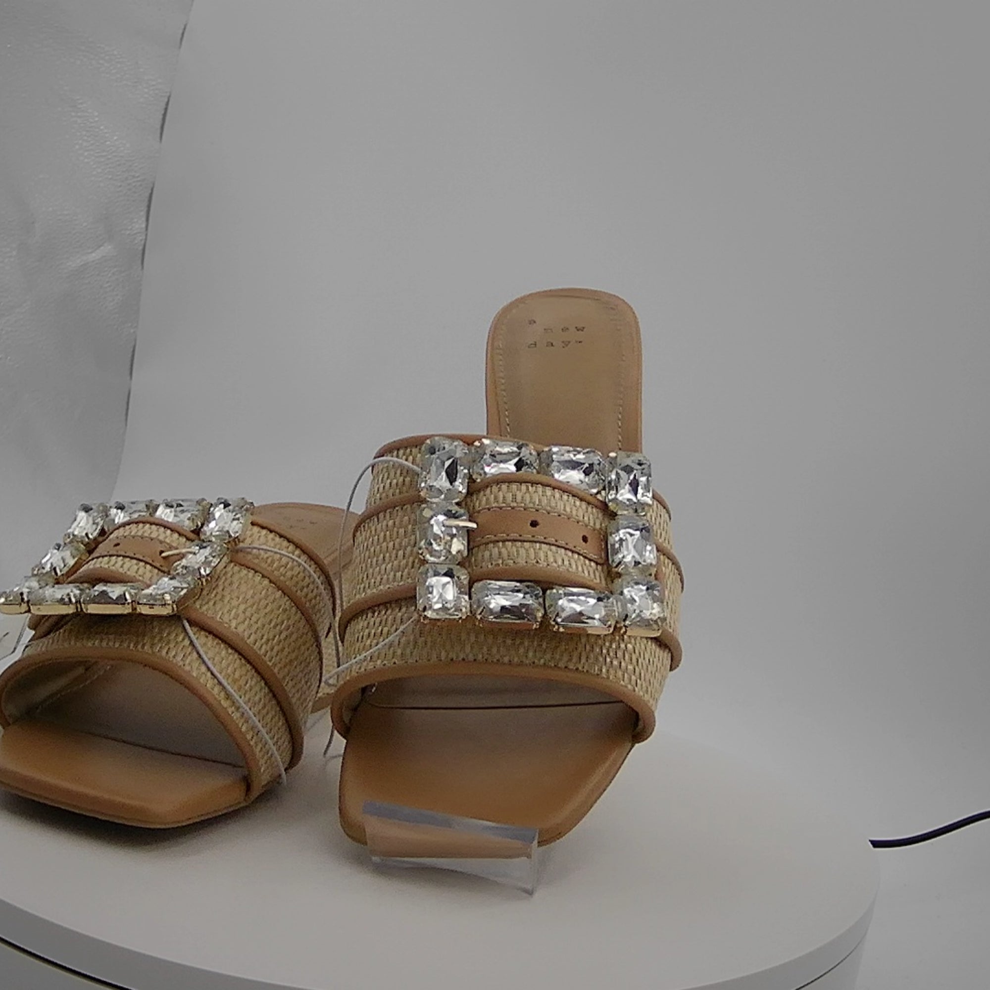 Women's Kathleen Raffia Buckle Block Heels - A New Day Beige 7: Slip-On Open Square Toe, Medium Width