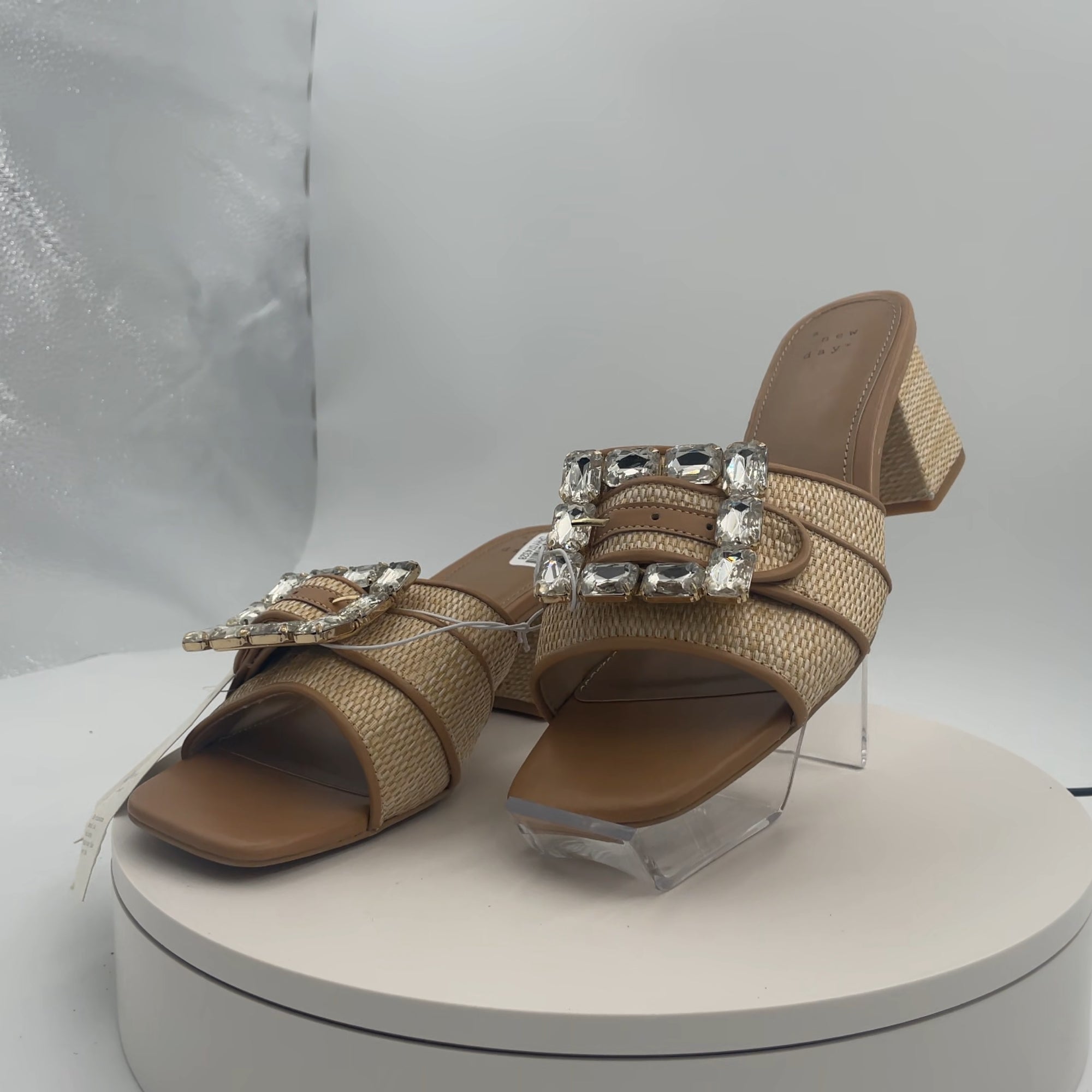 Women's Kathleen Raffia Buckle Block Heels - A New Day Beige 8.5: Slip-On Open Square Toe Pumps