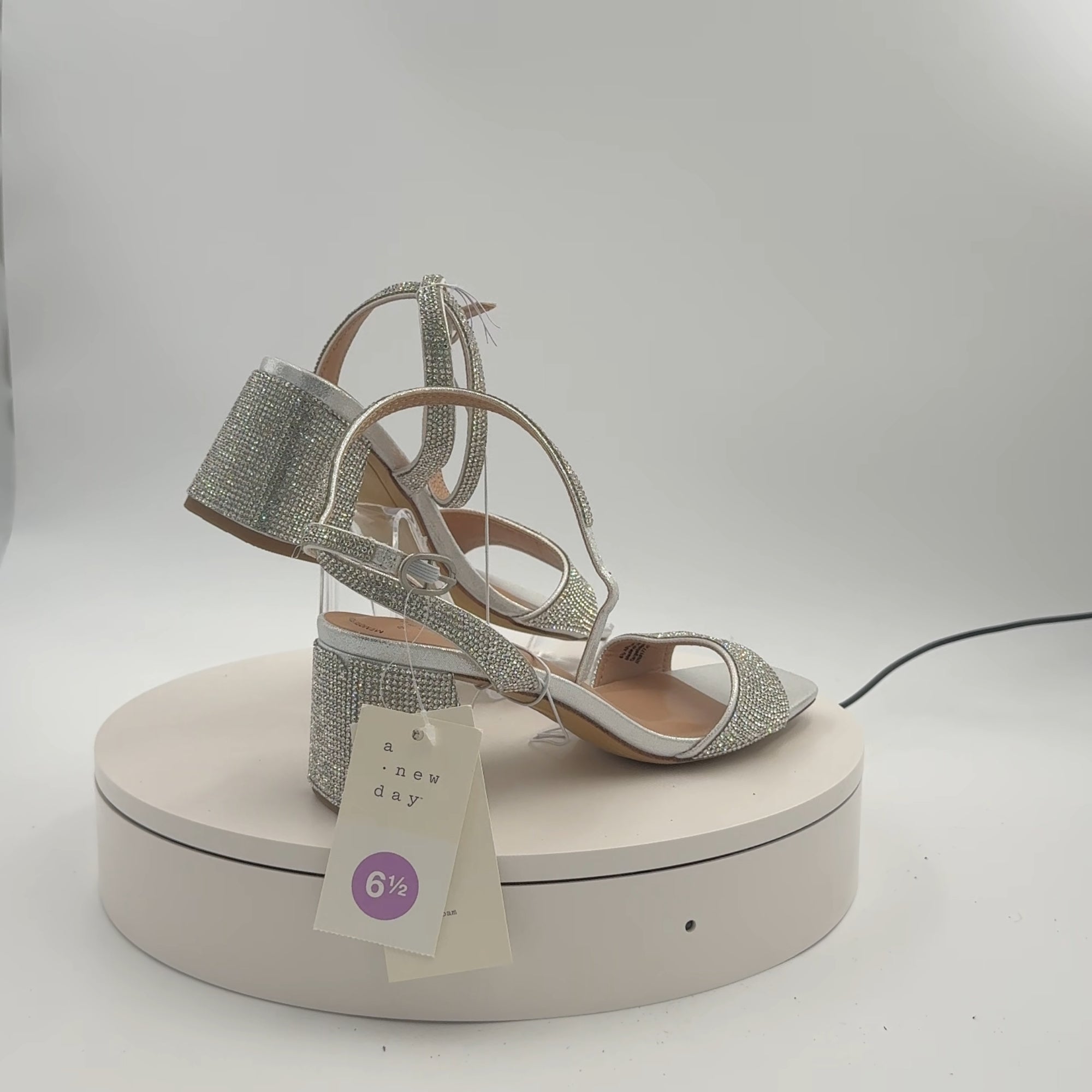 Women's Shannon Heels With Memory Foam Insole - A New Day Silver 6.5: Ankle Strap Sandals, Block Heel, Open Toe