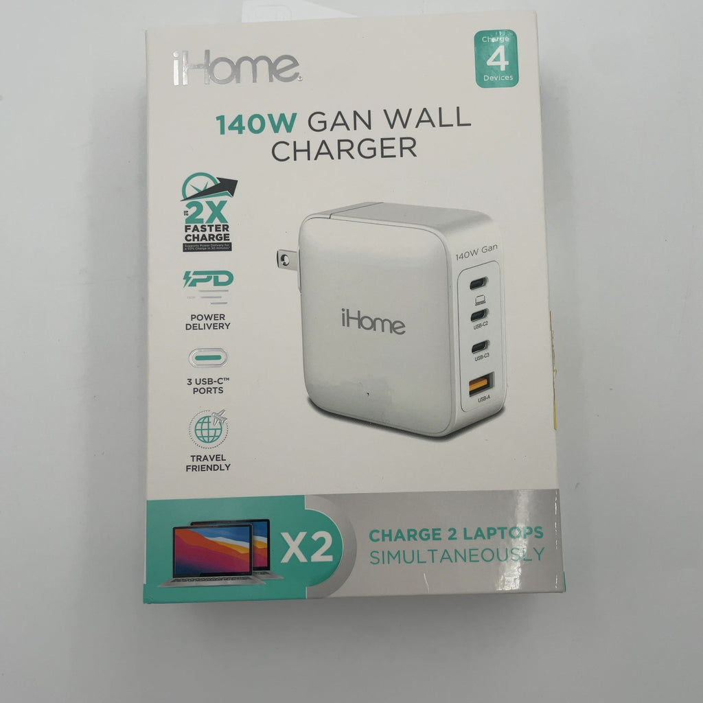 Ihome 140W Gan Charger, 3 Usb-C Power Delivery Ports & 1 Usb-A, 4-Port Compact Wall Charger For Laptop, White