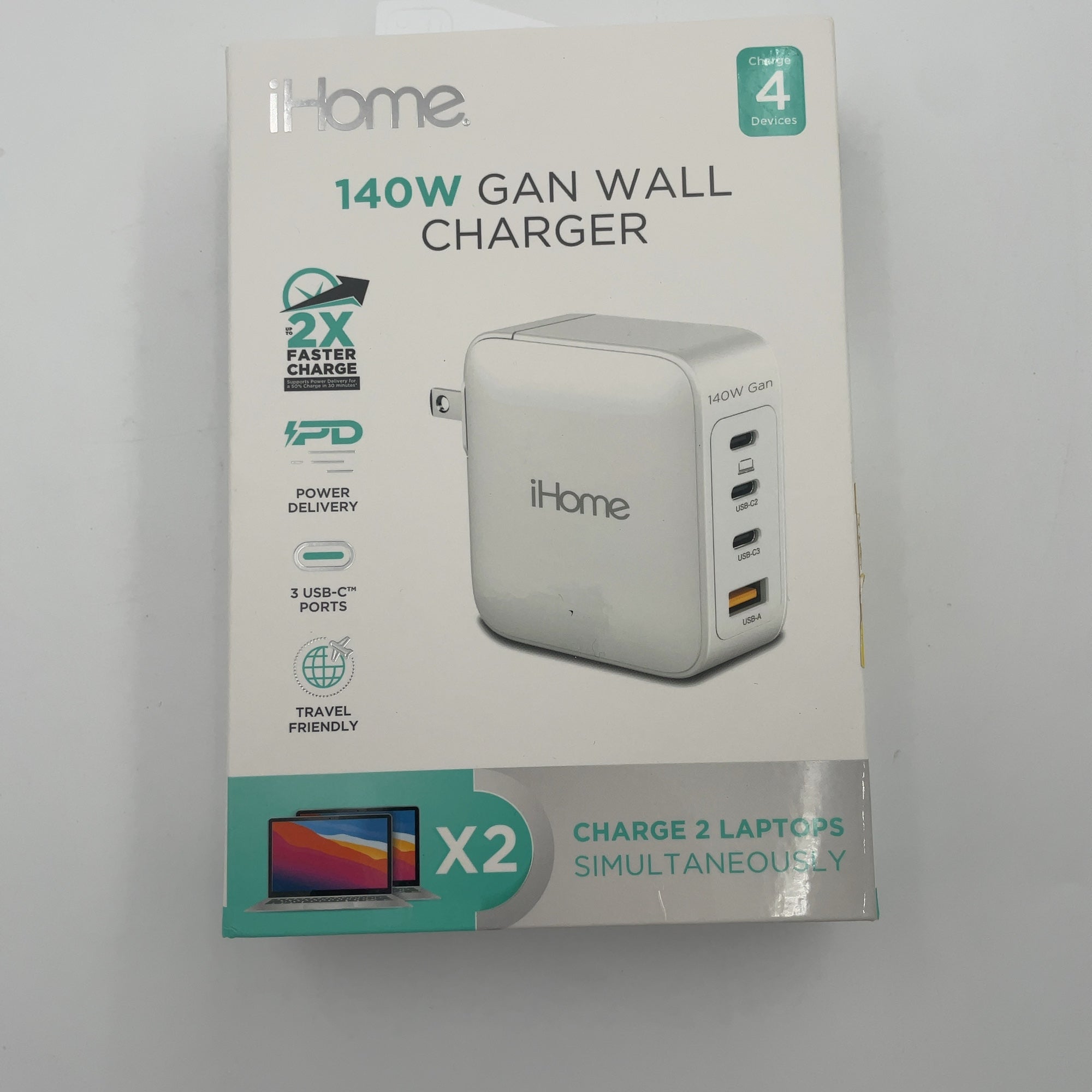 Ihome 140W Gan Charger, 3 Usb-C Power Delivery Ports & 1 Usb-A, 4-Port Compact Wall Charger For Laptop, White