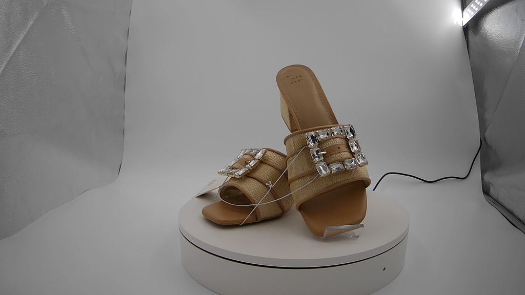 Women's Kathleen Raffia Buckle Block Heels - A New Day Beige 11: Slip On, Open Square Toe, Medium Width