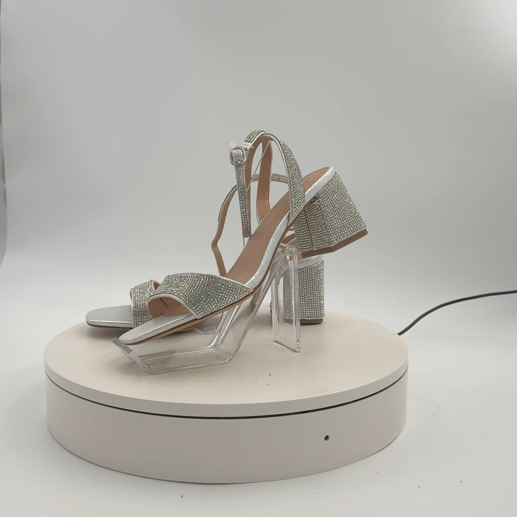 Women's Shannon Heels With Memory Foam Insole - A New Day Silver 6.5: Ankle Strap Sandals, Block Heel, Open Toe