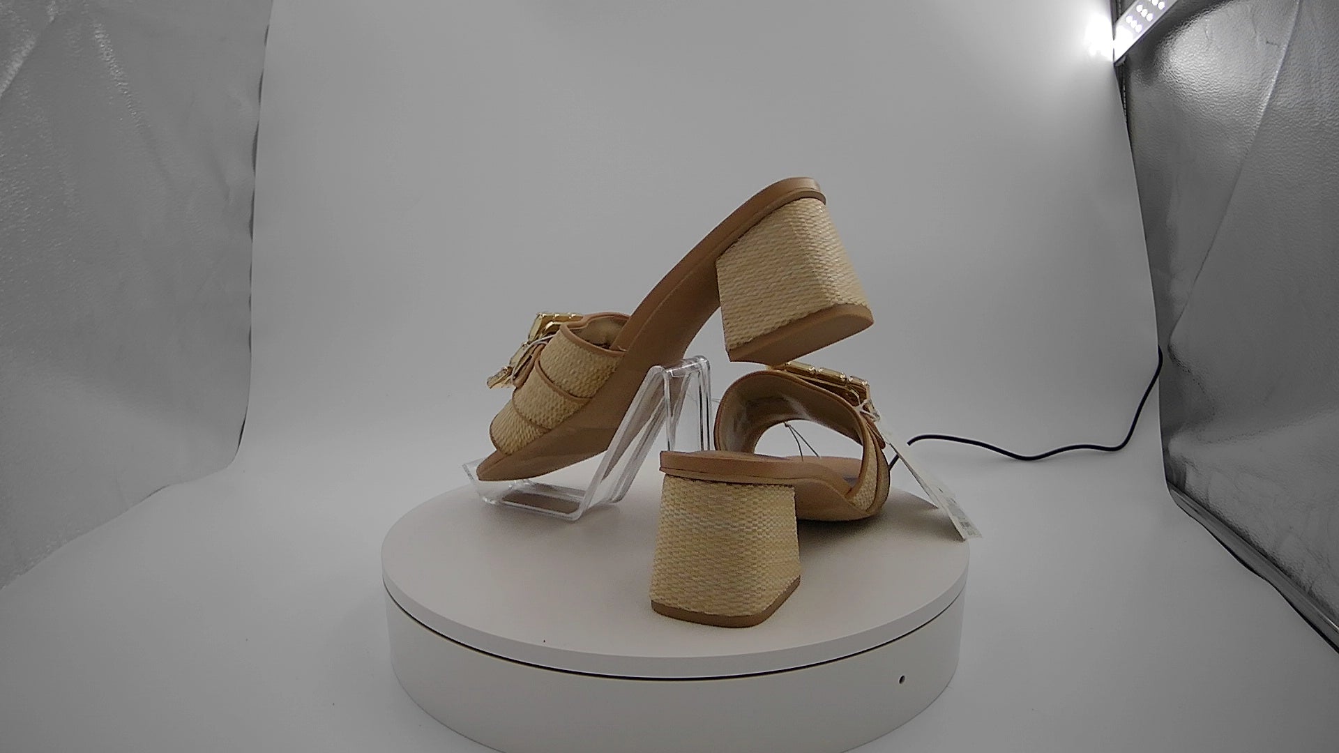 Women's Kathleen Raffia Buckle Block Heels - A New Day Beige 10: Slip-On Open Square Toe, Medium Width, Textured Outsole