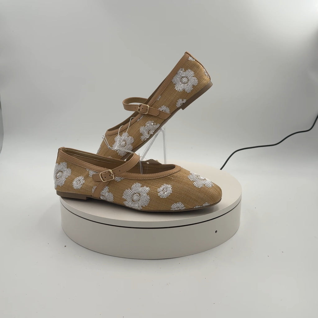 Women's Issa Raffia Floral Sequin Mary Jane Ballet Flat With Memory Foam Insole - A New Day Tan 10: Medium Width, Pull-On Style, Open Toe