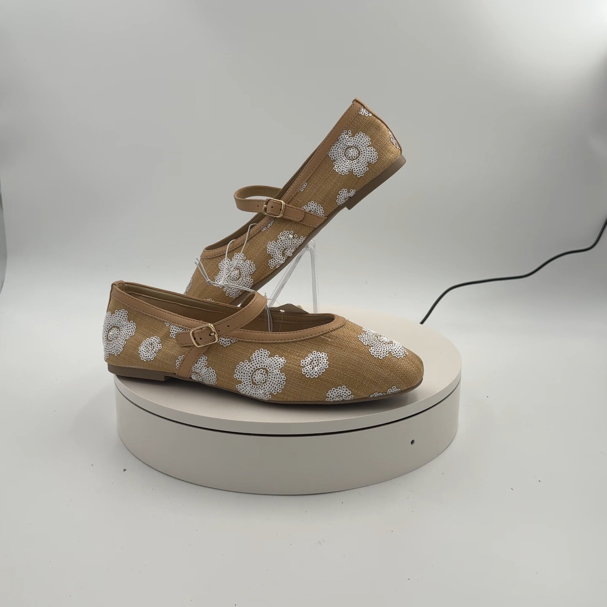 Women's Issa Raffia Floral Sequin Mary Jane Ballet Flat With Memory Foam Insole - A New Day Tan 10: Medium Width, Pull-On Style, Open Toe