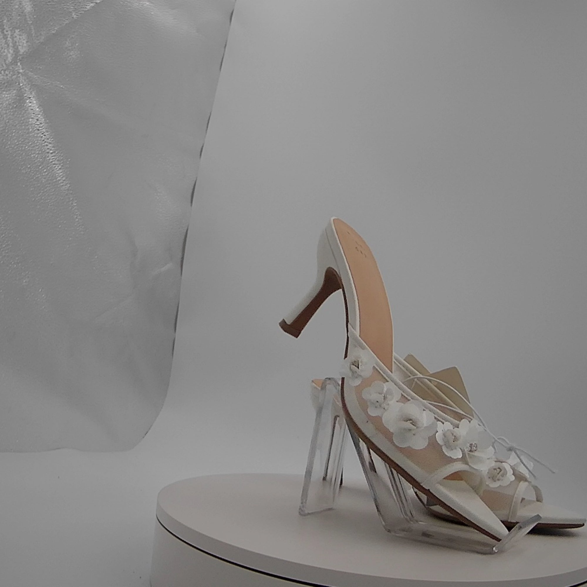 Women's Lupita Mesh Rhinestone Peep Toe Mule Heels With Memory Foam Insole - A New Day White 8: Slip-On Stiletto