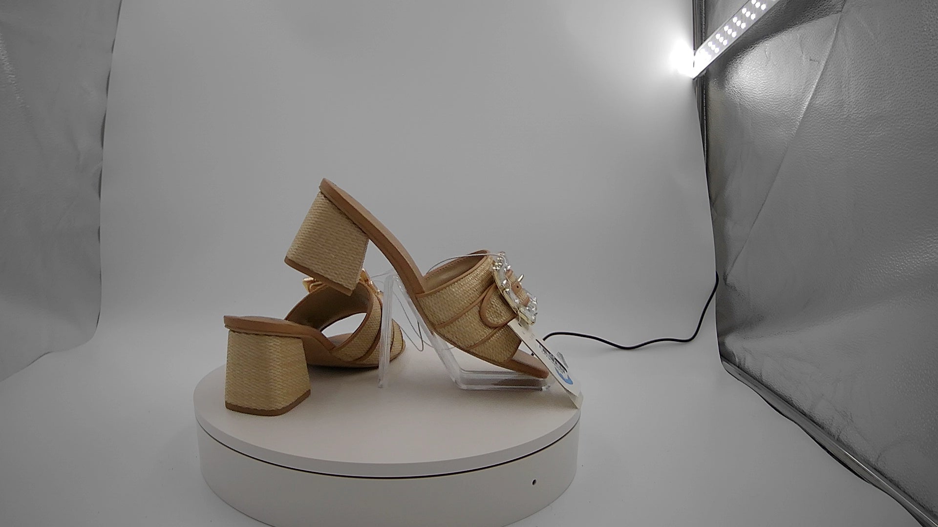 Women's Kathleen Raffia Buckle Block Heels - A New Day Beige 7.5: Slip-On, Open Square Toe, Textured Outsole, Medium Width
