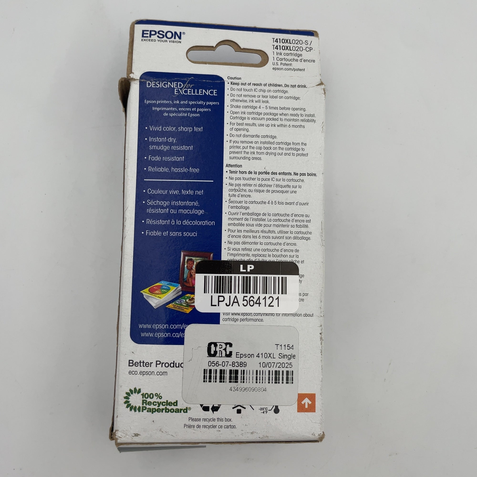 Epson 410Xl Single Ink Cartridge - Black (T410Xl020-Cp): Epson 410 Series, High Yield, Printer Ink Cartridges