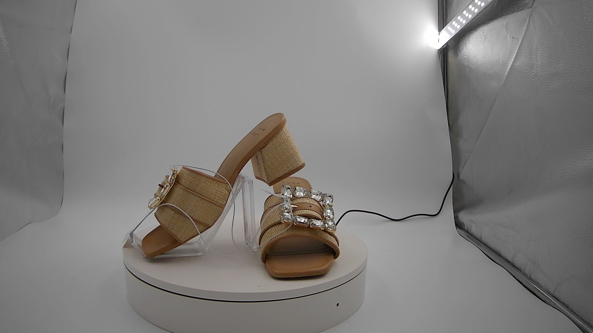 Women's Kathleen Raffia Buckle Block Heels - A New Day Beige 7.5: Slip-On, Open Square Toe, Textured Outsole, Medium Width