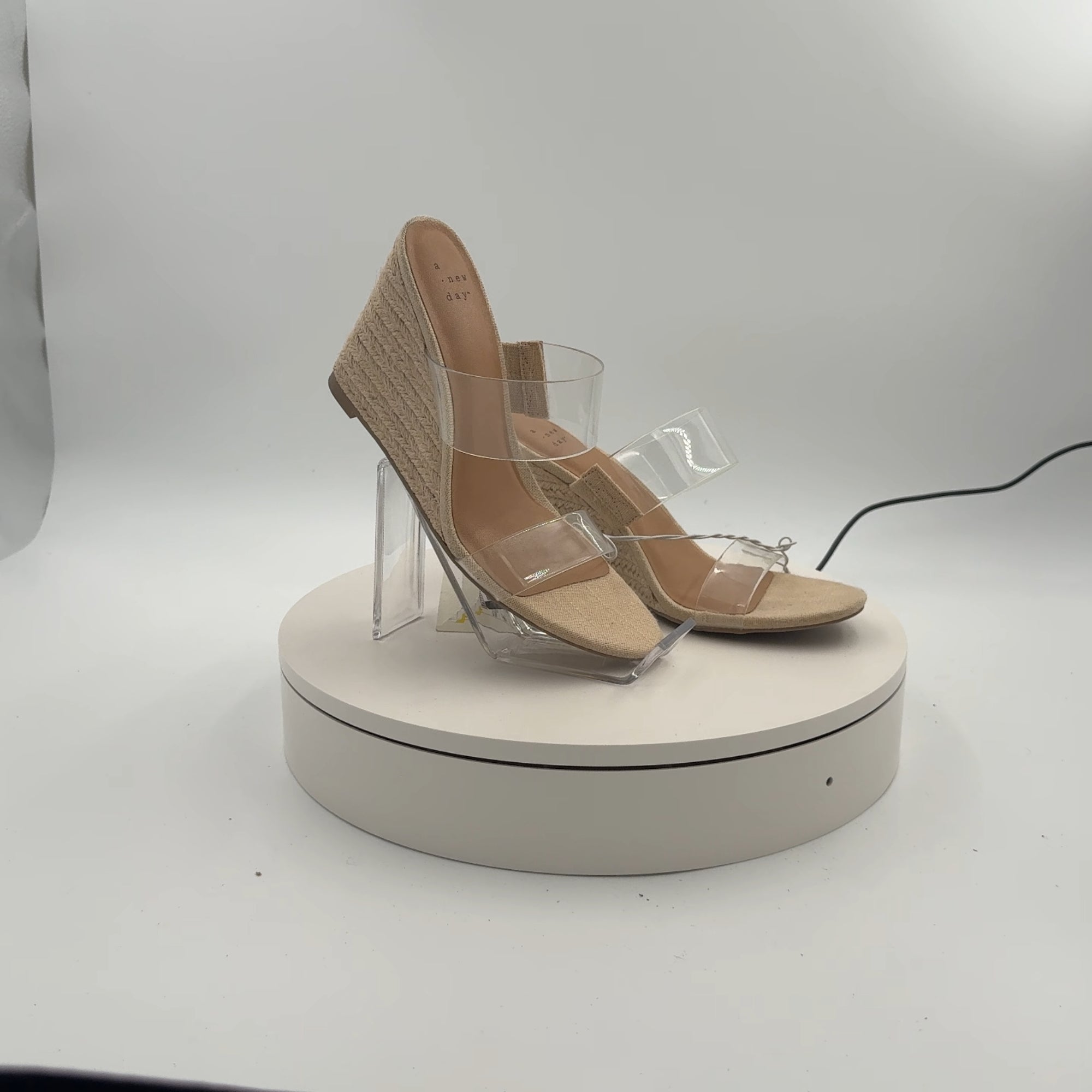 Women's Ansel Double Band Open Toe Wedge Heels With Memory Foam Insole - A New Day Tan 6.5: Slip-On, Platform Heel